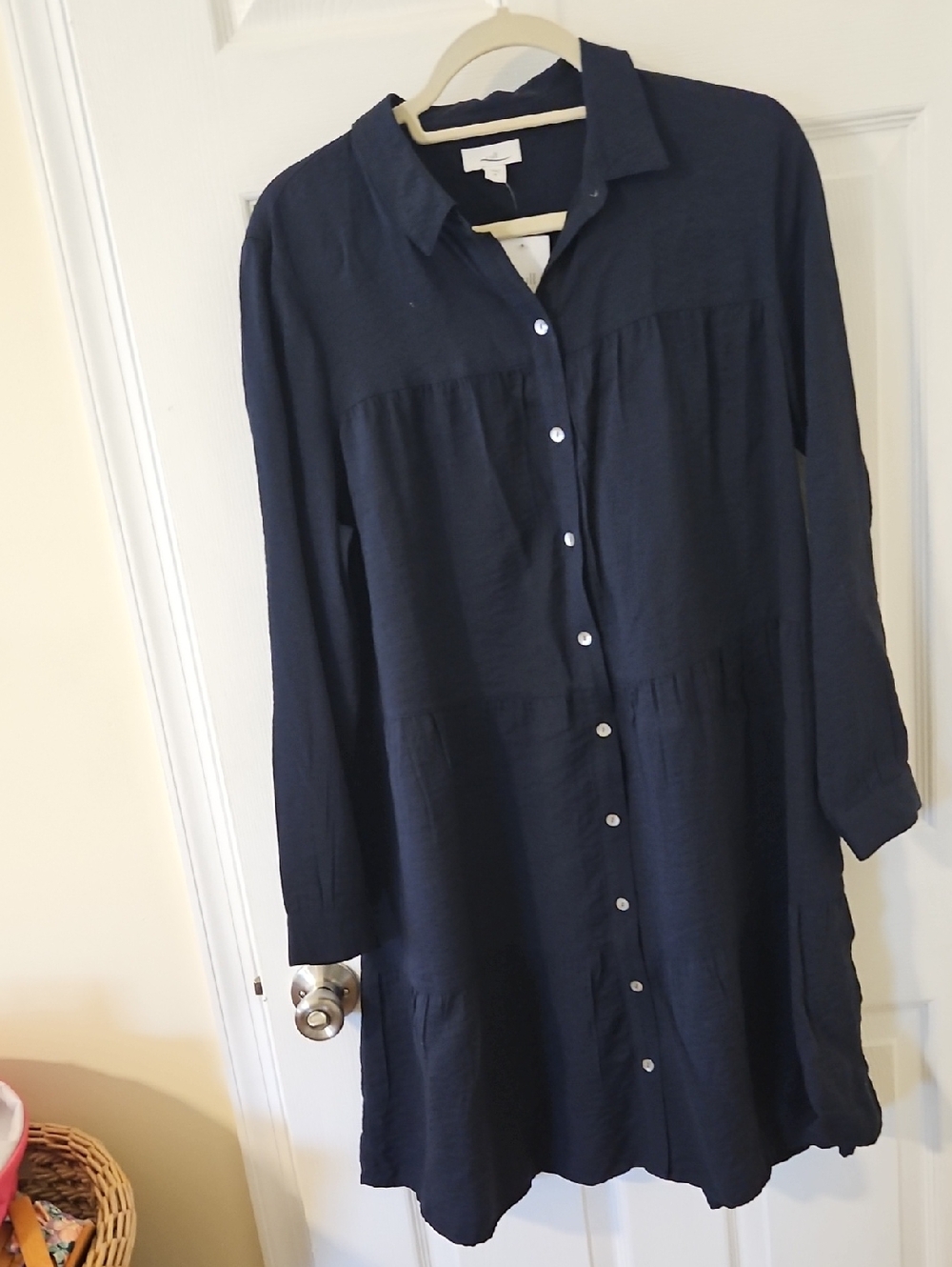 J. Jill Navy Button-Front Long-Sleeve Tiered Dress